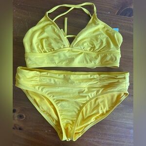 Athleta butter yellow bikini, cheeky ruched bottoms, strappy back top; S / M